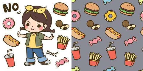 Screen wallpaper cute girl and junk food vector illustration. seamless pattern cute junk food kawaii style. Donut, doughnut, hot dog, cookies, drink, candy, french fries.