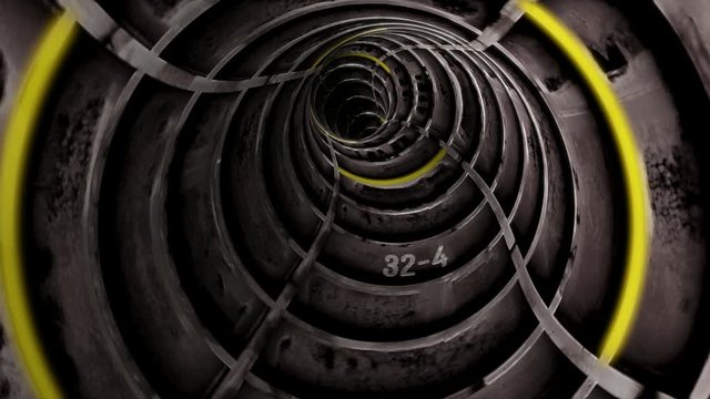 Flying through a bending grey concrete bulkhead tunnel with yellow highlights. Seamless loop