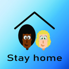 Vector illustration of a lesbian couple staying at home during Coronavirus quarantine. Blue gradient background.
