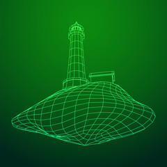 Lighthouse on rock stones island landscape. Navigation Beacon building. Wireframe low poly mesh vector illustration.