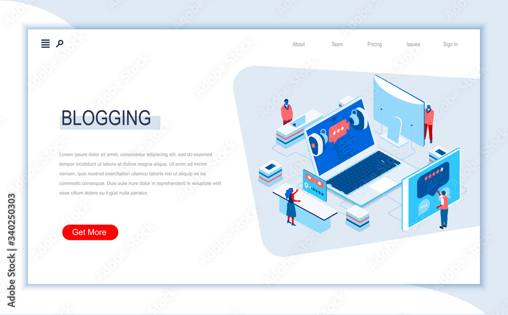 Aufkleber Blogging isometric landing page. Social content and blogging, network communication, internet posting and messaging. Digital technology and devices. Busy people in work situation 3d vector isometry.