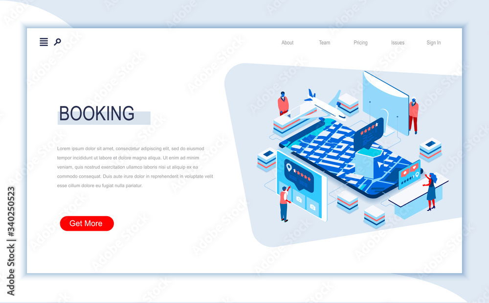 Poster online booking isometric landing page. travel application for ticket orders, hotel search, review an