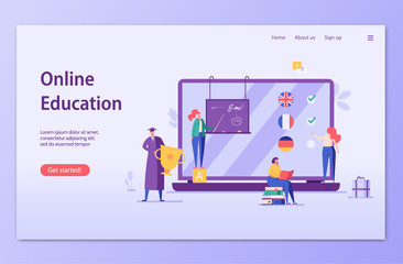 Obraz na płótnie Canvas People studying online with laptop. Online education and e-learning. Concept of successful studying, online lesson, modern education. Vector illustration in flat design