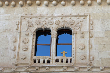 Close-up of two windows of the House of the Inquisition (Casa De La Inquisicion) in Alhama de Granada, Spain, Europe
