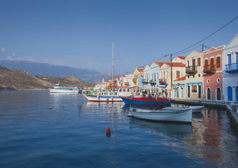 Fototapeta premium Sea landscape of the town of Meis and yachts and boats on the port, Kastellorizo , Greece.