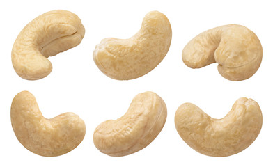 Fototapeta na wymiar Set of delicious cashew nuts, isolated on white background