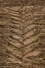 Reifenpuren einer Landmaschine auf dem Acker