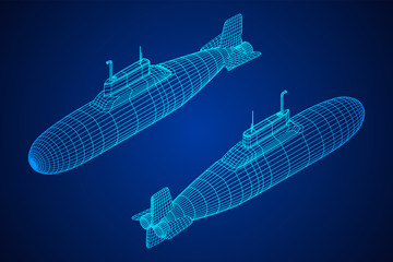 Military atomic submarine underwater boat. Wireframe low poly mesh vector illustration