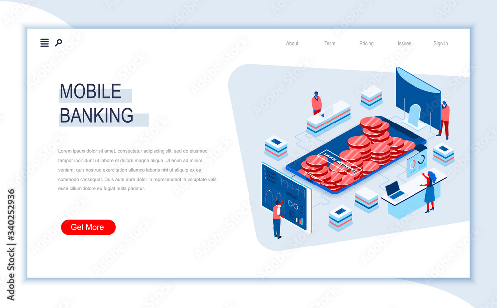 Poster mobile banking isometric landing page. mobile application for money transaction, online payment and 