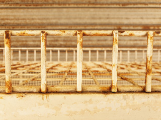 White, orange metal shelf rusted with time.