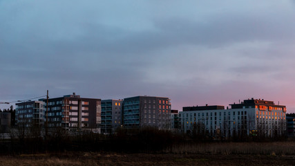 Modern Finnish residential area in sunset light with no people