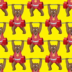 Fototapeta na wymiar seamless pattern of a bodybuilder bear with a barbell on a yellow background. Vector image