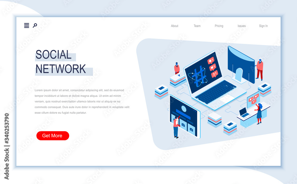 Poster social network isometric landing page. internet community communication, social media content sharin