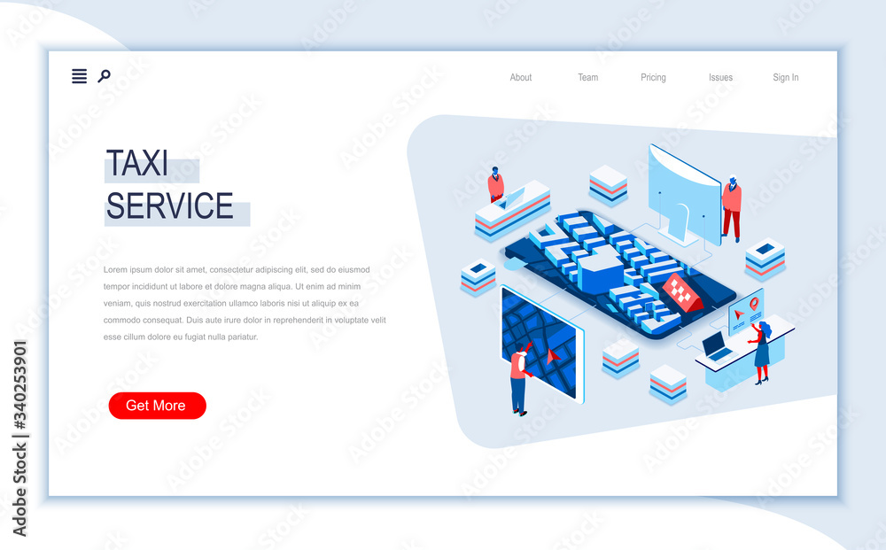 Poster taxi service isometric landing page. web application for online taxi order, transfer service, passen