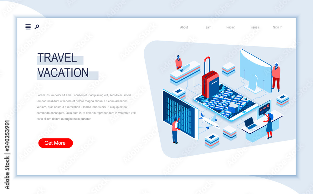 Poster travel and vacation isometric landing page. web solution for journey planning and organisation, onli