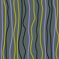 Yellow,black and violet vertical lines on grey background: abstract seamless pattern, vector graphics.