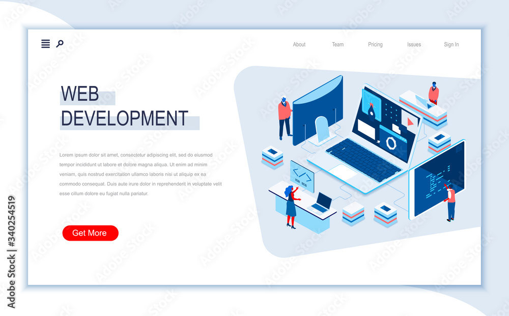 Aufkleber Web development isometric landing page. Responsive web design, internet application development, site programming. Digital technology and devices. Busy people in work situation 3d vector isometry.