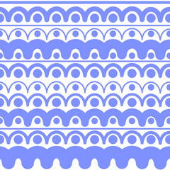 Blue waves and circles on white background: abstract seamless pattern, geometric vector graphics.