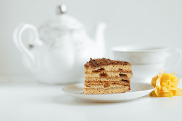 Slice of cake with cream on a white plate on a background in bright colors