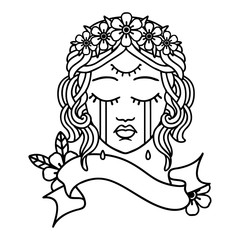 black linework tattoo with banner of female face crying with third eye