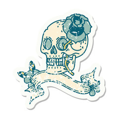 grunge sticker with banner of a skull and rose