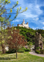 Obraz premium Green space in spring on the banks of the Rhine with the Marksburg in background, Braunfels, Germany