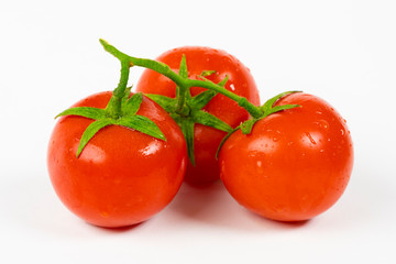 Tomatoes isolated on white. Tomato with drops. Full depth of field.
