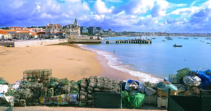 Beach panorama and fisherman's village in the Portuguese Riviera in Cascais, Portugal, 4K