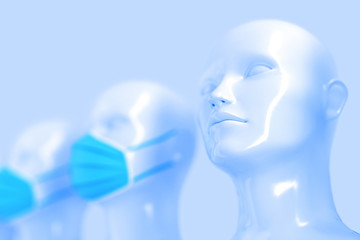 The medical concept spreads infection Among shiny white fashion heads of mannequins standing without a mask in a row of other heads standing in blue bright medical masks. 3D illustration.