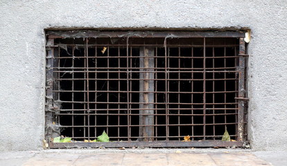 A basement window with a metal barrier