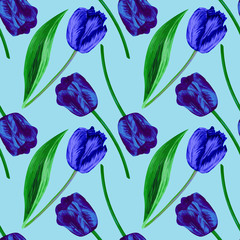 Blue tulips on a light blue background. Floral seamless pattern design for wallpaper, paper, textile, packaging, fabric.