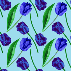 Blue tulips on a light blue background. Floral seamless pattern design for wallpaper, paper, textile, packaging, fabric.