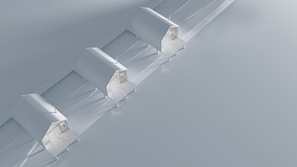 Perspective view from above several rural houses in the style of barnhouse built in a line by the lake. Concept art in gray tones with evening warm and cold lighting with copy space. 3D illustration.