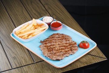 Vintage meat steak fries, great design for any purposes. Rustic style.Meat, beef. Grill barbecue food, meat bbq, steak grilled.