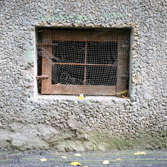 A basement window with a metal barrier