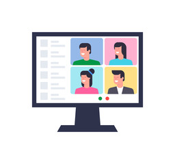 Online Conference. Group video chat. Remote team work. Flat Style. isolated on white background