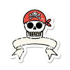 grunge sticker with banner of a pirate skull