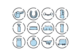 Horse equipment icons. Horse care tools icons set. Saddle, horseshoe, fishing rod, foot protection, cleaning agent, brush, feed, wheelbarrow, horse trailer