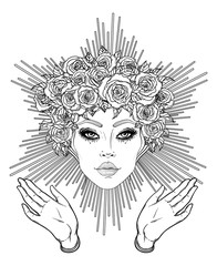 Madonna, Lady of Sorrow. Devotion to the Immaculate Heart of Blessed Virgin Mary, Queen of Heaven. Vector illustration isolated on white. Coloring book for adults. Tattoo design.