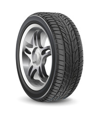 Tire car vector isolated on white background. 3D icon.  Car summer wheel. Black rubber tire. Realistic detailed tire design. Aluminum wheel illustration. Car disk wheel. High quality.