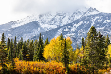 Fototapeta na wymiar Snow capped mountains in Grand Teton National Park.