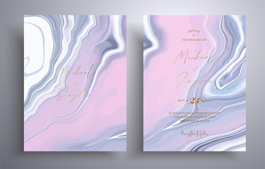 Vector wedding invitation with marble pattern. Pink, blue and white overflowing colors. Beautiful cards that can be used for design cover, invitation, greeting cards, brochure and etc