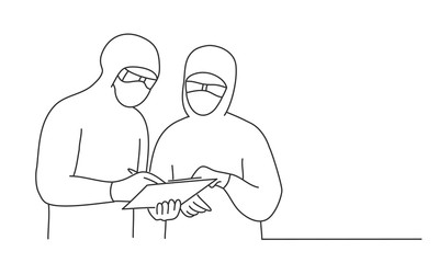 Line drawing vector illustration of doctors in the protective suits. Covid-19.