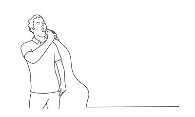 Guy with microphone. Lifestyle concept. Line drawing vector illustration.