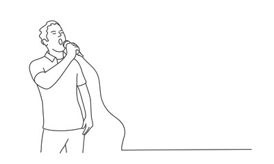 Guy with microphone. Lifestyle concept. Line drawing vector illustration.