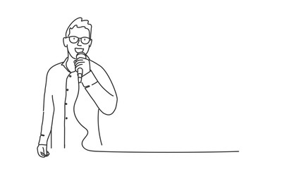 Man with glasses singing karaoke. Lifestyle concept. Line drawing vector illustration.