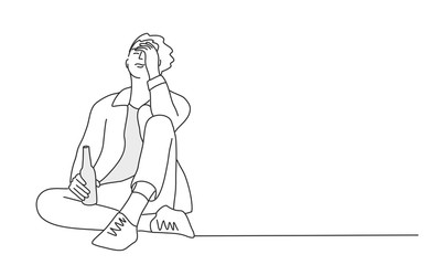 Man is sitting alone with a bottle.  Line drawing vector illustration.