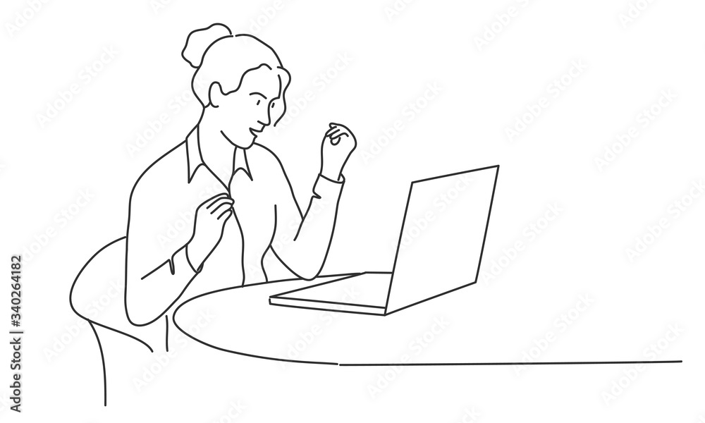 Wall mural Line drawing vector illustration of woman talking in a video conference.