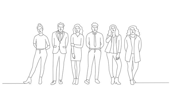 Line drawing vector illustration of people standing in a row.