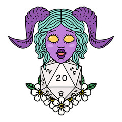 tiefling with natural twenty dice roll illustration